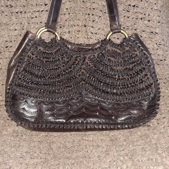 GIANFRANCO FERRE-Brown Gathered Looped Distressed Leather - Picture 2 of 10